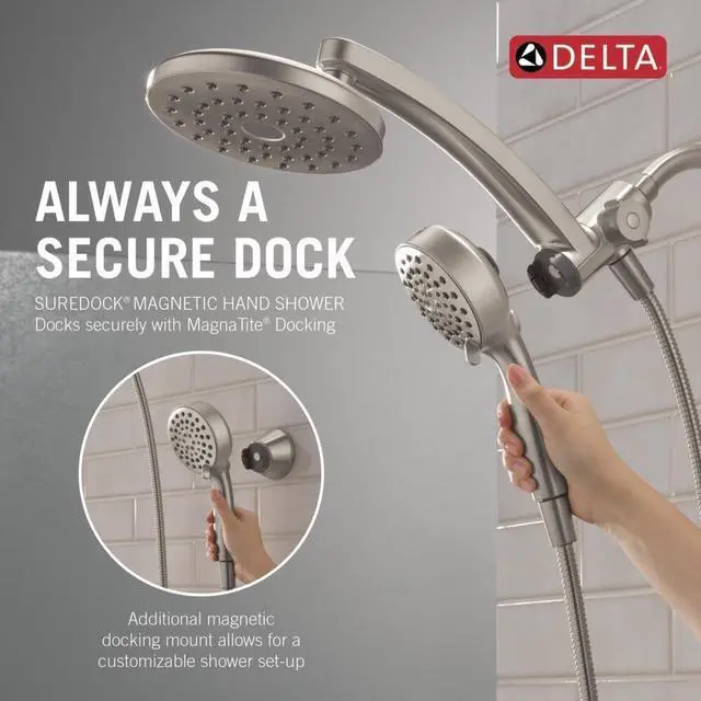 Alt view image 3 of 7 - Delta 6-Setting PivotPro 3-in-1 Combination Shower Head with ProClean Spray, Brushed Nickel Round Shower Head Rainfall with Handheld Spray, 1.75 GPM, SpotShield Brushed Nickel 75649SN