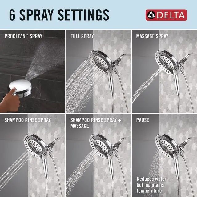 Alt view image 4 of 6 - Delta 6-Setting In2ition 2-in-1 Dual Shower Head with Handheld High Pressure ProClean Spray, Chrome Detachable Shower Head with Hose, 1.75 GPM Flow Rate, Chrome 75655