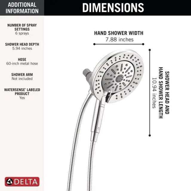 Alt view image 5 of 6 - Delta 6-Setting In2ition 2-in-1 Dual Shower Head with Handheld High Pressure ProClean Spray, Chrome Detachable Shower Head with Hose, 1.75 GPM Flow Rate, Chrome 75655
