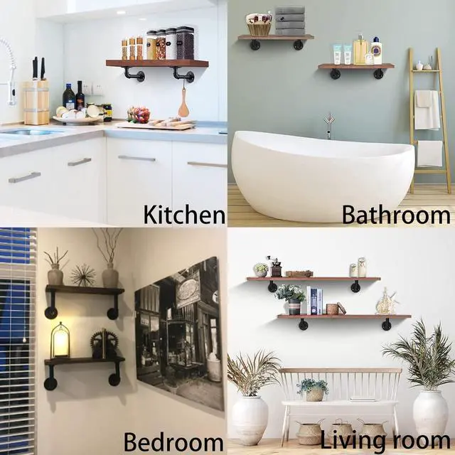 Alt view image 5 of 7 - Industrial DIY Pipe Shelf Brackets,Vintage Black Iron Wall Mount Pipe Shelving Bracket, Rustic Home Pipe Shelf, 12 Pack