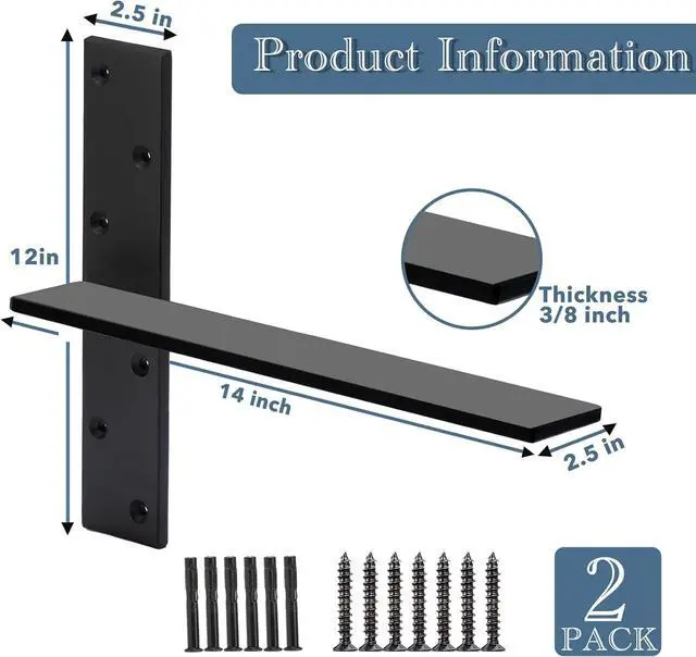 Alt view image 2 of 7 - Free Hanging Countertop Support Bracket 14" Lx2.5 W 2 Pack Hidden Floating Wall Bracket 3/8" Thick Heavy Duty Shelf Bracket for Floating Bars,Bench Seats,Vanities