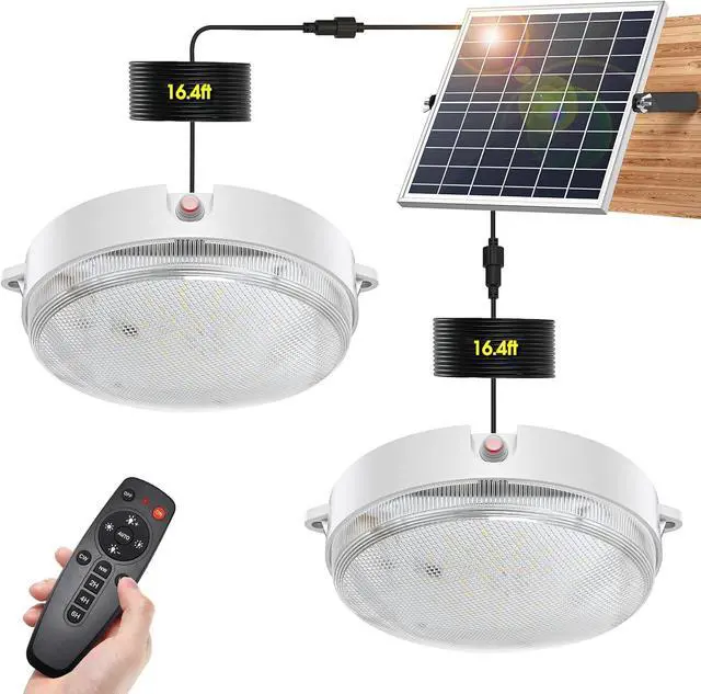 Main image of Solar Shed Lights Indoor Outdoor 2 Pack, Brighter & Tricolor & Daytime Ceiling Light with ON/Off Switch & Remote, Dimmable Waterproof Solar Barn Light for Porch, Shop, Stable, Carpot