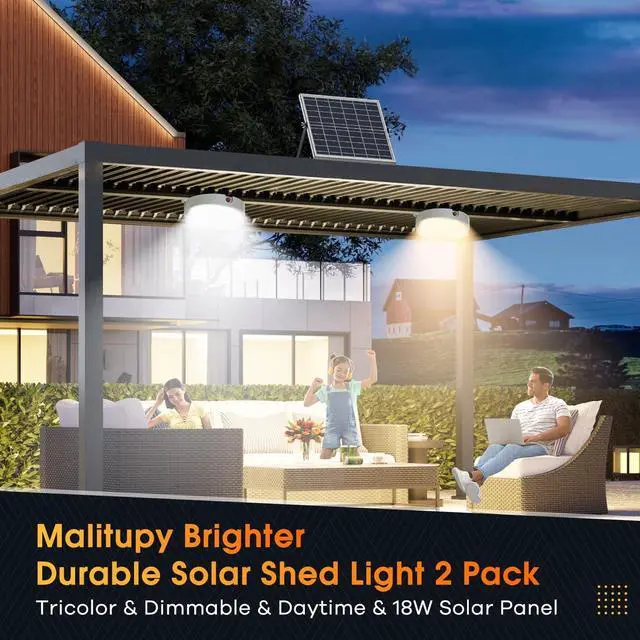 Alt view image 2 of 7 - Solar Shed Lights Indoor Outdoor 2 Pack, Brighter & Tricolor & Daytime Ceiling Light with ON/Off Switch & Remote, Dimmable Waterproof Solar Barn Light for Porch, Shop, Stable, Carpot