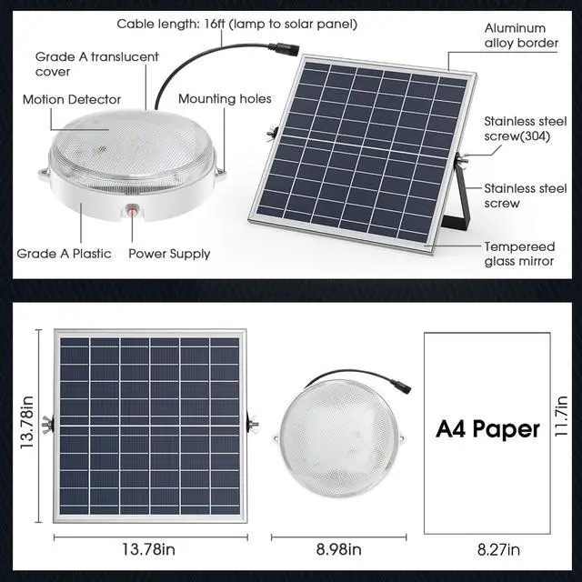 Alt view image 7 of 7 - Solar Shed Lights Indoor Outdoor 2 Pack, Brighter & Tricolor & Daytime Ceiling Light with ON/Off Switch & Remote, Dimmable Waterproof Solar Barn Light for Porch, Shop, Stable, Carpot