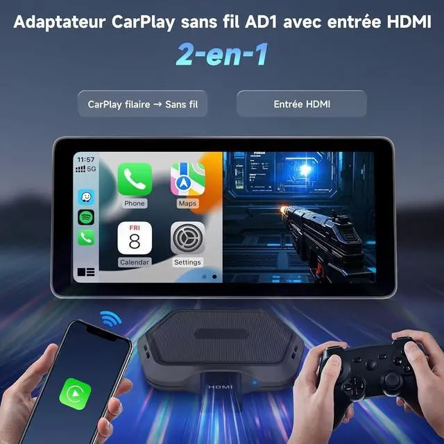 Alt view image 2 of 7 - AD1 Wireless Carplay Box Adapter with HDMI Input 2 in 1 Dongle for Wired CarPlay Cars Plug & Play Multimedia Hub for TV Box/Game Console/DVD/Blu-ray Bluetooth 5.2 OTA Updates Black