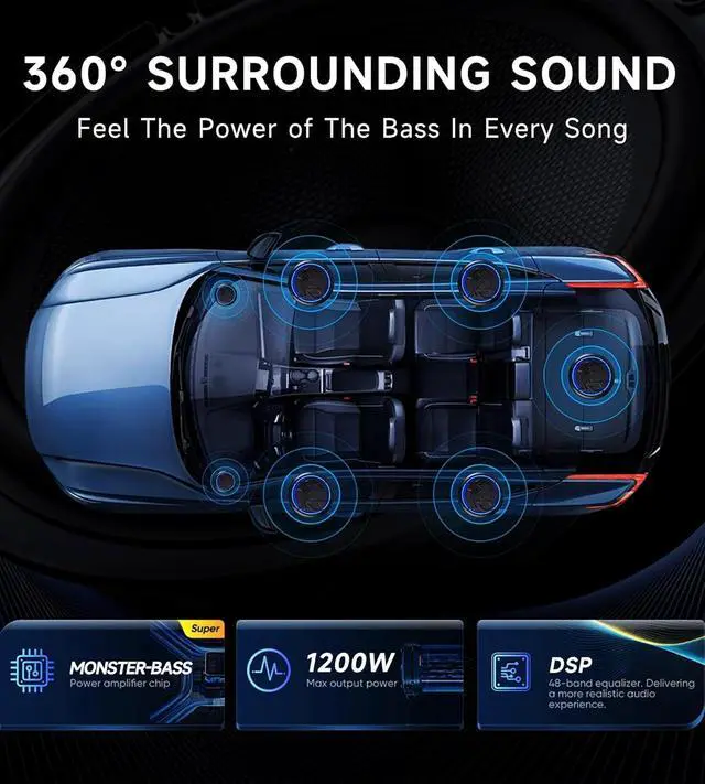 Alt view image 6 of 7 - 1200W RGB Subwoofer, Slim Underseat Car Subwoofer and Amp Package with RGB Beat-Synced Light, Individual Control for Low Pass/Gain/Boost (A, B)