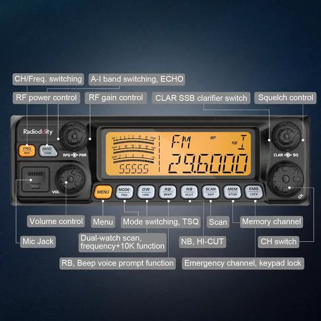Alt view image 2 of 7 - QT60 Pro 10 Meter Radio SSB, AM, FM, PA, 60W High Power Amateur Ham Mobile Transceiver, Large LCD Display, RX & TX Noise Reduction, NOAA with Alert, with CTCSS/DCS, ASQ