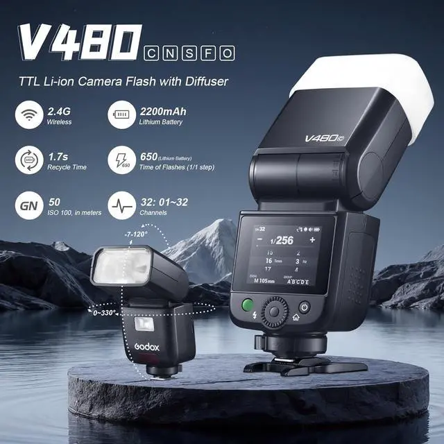 Alt view image 2 of 7 - Godox V480-C Camera Flash for Canon, V480C with Diffuser TTL High-Speed Sync on Camera Flash GN50 1/8000s 650 Full-Power Flashes with 7.2V/2200mAh Rechargeable Battery