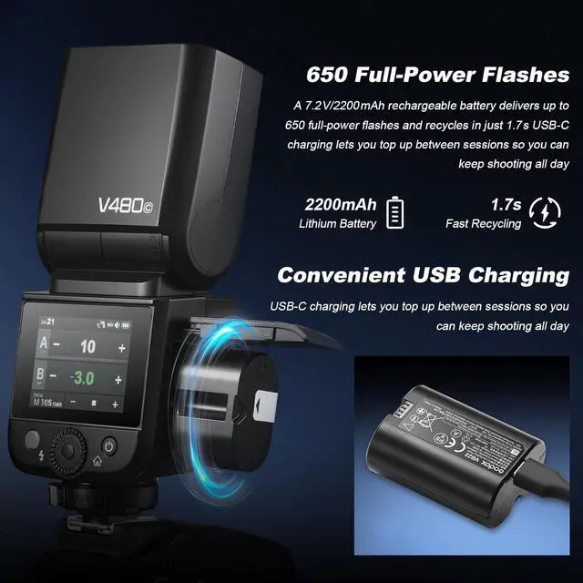 Alt view image 3 of 7 - Godox V480-C Camera Flash for Canon, V480C with Diffuser TTL High-Speed Sync on Camera Flash GN50 1/8000s 650 Full-Power Flashes with 7.2V/2200mAh Rechargeable Battery