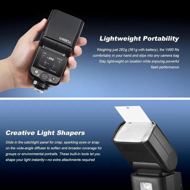 Alt view image 6 of 7 - Godox V480-C Camera Flash for Canon, V480C with Diffuser TTL High-Speed Sync on Camera Flash GN50 1/8000s 650 Full-Power Flashes with 7.2V/2200mAh Rechargeable Battery