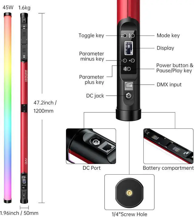 Alt view image 7 of 7 - GVM RGB Tube Light Wand with 660 Lamp Beads, 48" Photography Lighting - 2700-10000K Light Bar with 12 Scene Effects, DMX/APP Bluetooth Mesh Networking