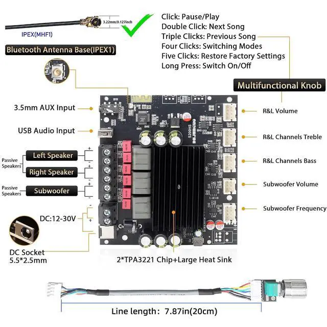 Alt view image 2 of 7 - S200HS-W Power Amplifier Board Bluetooth5.2 TPA3221 Chip with Subwoofer 2.1 Channel 100W×2+200W,Audio Power Amplifier Module (S200HS-W)