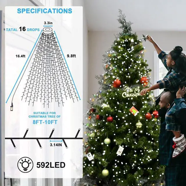 Alt view image 6 of 7 - Christmas Tree Lights 592LED 16 Lines 8 Modes for 8 ft Tree, UL Certified Indoor/Outdoor Christmas Decorations 16 * 9.8ft Drops Cool White