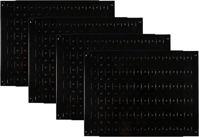 Main image of Pegboard Wall Organizer Tiles Modular Black Metal Pegboard Tiling Set - Four 12-Inch Tall x 16-Inch Wide Peg Board Panel Wall Storage Tiles - Easy to Install (Black)