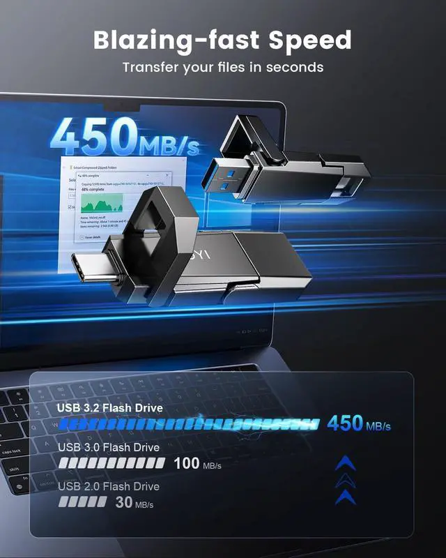 Alt view image 2 of 7 - 512GB USB C External SSD, 2-in-1 Solid State Drive Up to 450MB/s Dual USB 3.2 + Type-C Thumb Drive Portable SSD Drive for iPhone 15/16/17, Android, Tablet, PC and PS4
