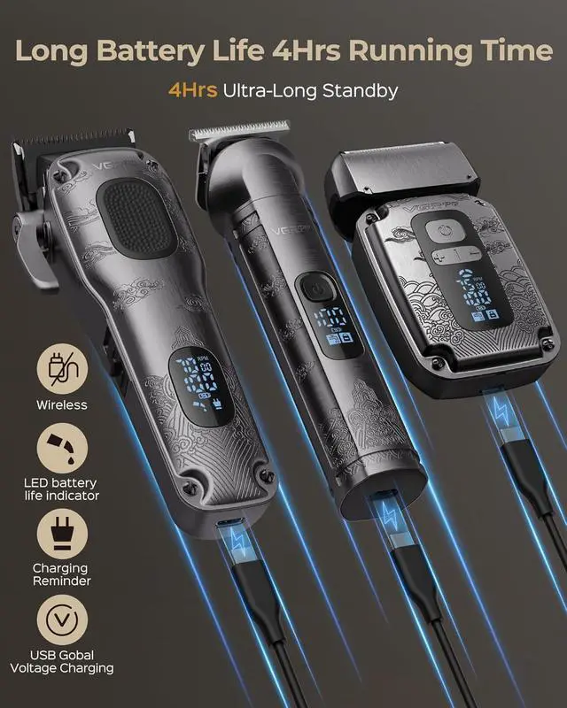 Alt view image 5 of 7 - Hair Clippers & Trimmers Set for Men Professional, Waterproof Electric Razor Foil Shaver for Men Face Beard, Cordless for Hair Cutting, 4-Speed Setting, LED Battery Display, Barber or Home Use