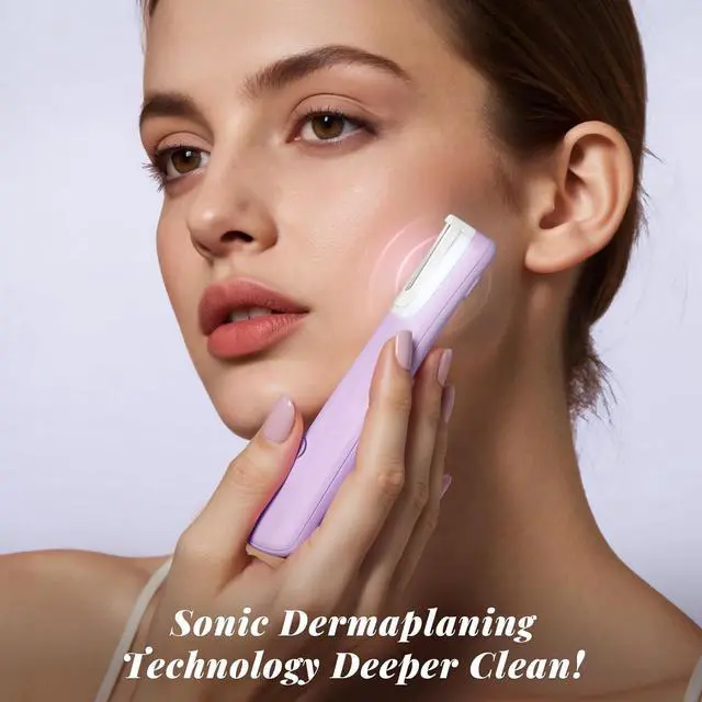 Alt view image 3 of 7 - Sonic Dermaplaning Tool for Women, Rechargeable Face Dermaplane Razor Sonic Edge Technology for Facial Hair, Exfoliating and Peach Fuzz, 10 Rell Blades Purple