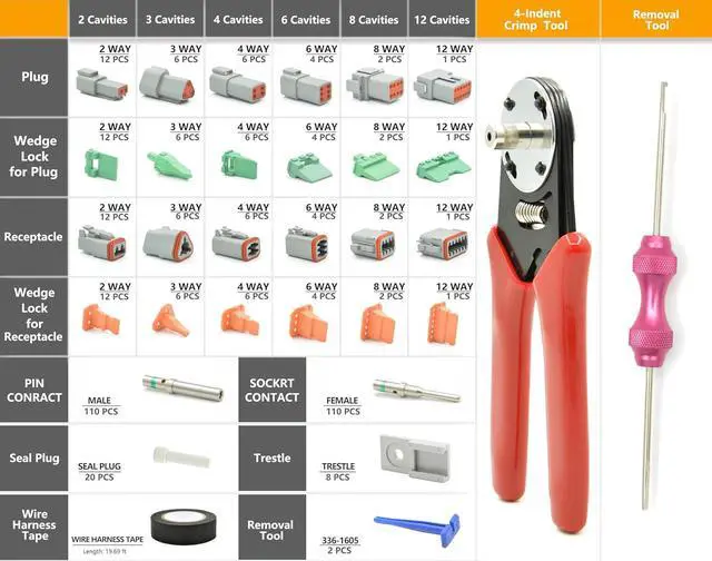 Alt view image 2 of 7 - 378 PCS DT Deutsch Series Waterproof Connector Kit, 2 3 4 6 8 12 Pin Connectors, Crimping Tool(12-20AWG) & DT Removal Tool, Size 16 Solid Terminal Contacts (14-20AWG) for Cars Motorcle Boat
