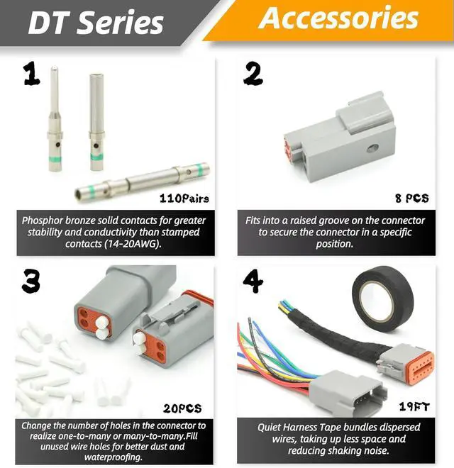 Alt view image 4 of 7 - 378 PCS DT Deutsch Series Waterproof Connector Kit, 2 3 4 6 8 12 Pin Connectors, Crimping Tool(12-20AWG) & DT Removal Tool, Size 16 Solid Terminal Contacts (14-20AWG) for Cars Motorcle Boat