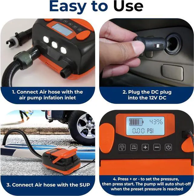 Alt view image 6 of 7 - Inflatable Paddle Board Pump Compressor - 16PSI High Pressure SUP Inflator - 12V DC Car Connector - Electric Air Pump for Paddle Boards, Boats, Rafts, Pool Toys - Deflation Function