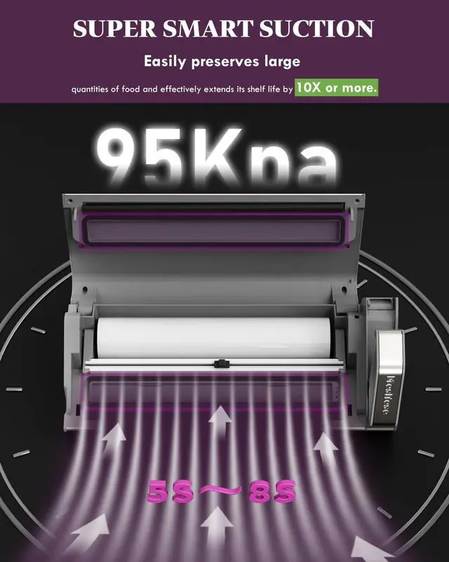 Alt view image 4 of 7 - Vacuum Sealer Machine, 95kPa 140W One Hand Operation Food Sealer, Double Seal Strip with Build-in Cutter & Countdown Display, 2 Bag Rolls, 5PCS Pre-cut Bags