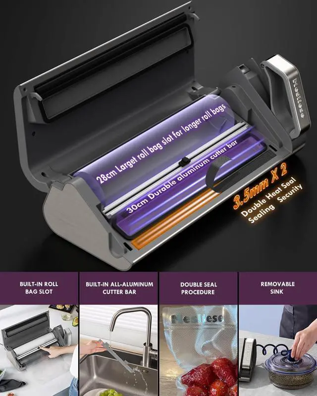 Alt view image 5 of 7 - Vacuum Sealer Machine, 95kPa 140W One Hand Operation Food Sealer, Double Seal Strip with Build-in Cutter & Countdown Display, 2 Bag Rolls, 5PCS Pre-cut Bags