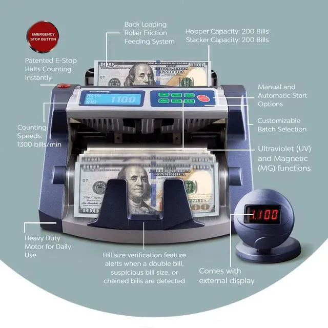 Alt view image 3 of 7 - AccuBANKER AB1100PLUSMGUV Commercial Grade Money Counter Machine, Hopper Capacity 200 Bills & Speed 1,300 Bills/Min, Bill Counter Includes Reliable Counterfeit Detector Ultraviolet and Magnetic