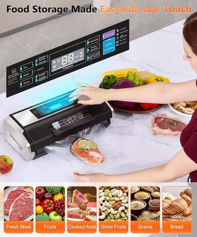 Alt view image 2 of 7 - 95KPa Vacuum Sealer, Commercial Fully Automatic Food Sealer - 10-in-1 System with Auto Pop-Up Cover, Double Heat Seal, Easy-Lock Handle & Built-in Cutter,Includes 1 Roll + 15 Bags, Black Silver