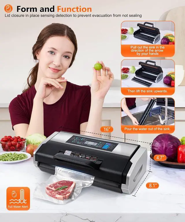 Alt view image 4 of 7 - 95KPa Vacuum Sealer, Commercial Fully Automatic Food Sealer - 10-in-1 System with Auto Pop-Up Cover, Double Heat Seal, Easy-Lock Handle & Built-in Cutter,Includes 1 Roll + 15 Bags, Black Silver