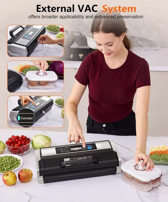 Alt view image 5 of 7 - 95KPa Vacuum Sealer, Commercial Fully Automatic Food Sealer - 10-in-1 System with Auto Pop-Up Cover, Double Heat Seal, Easy-Lock Handle & Built-in Cutter,Includes 1 Roll + 15 Bags, Black Silver