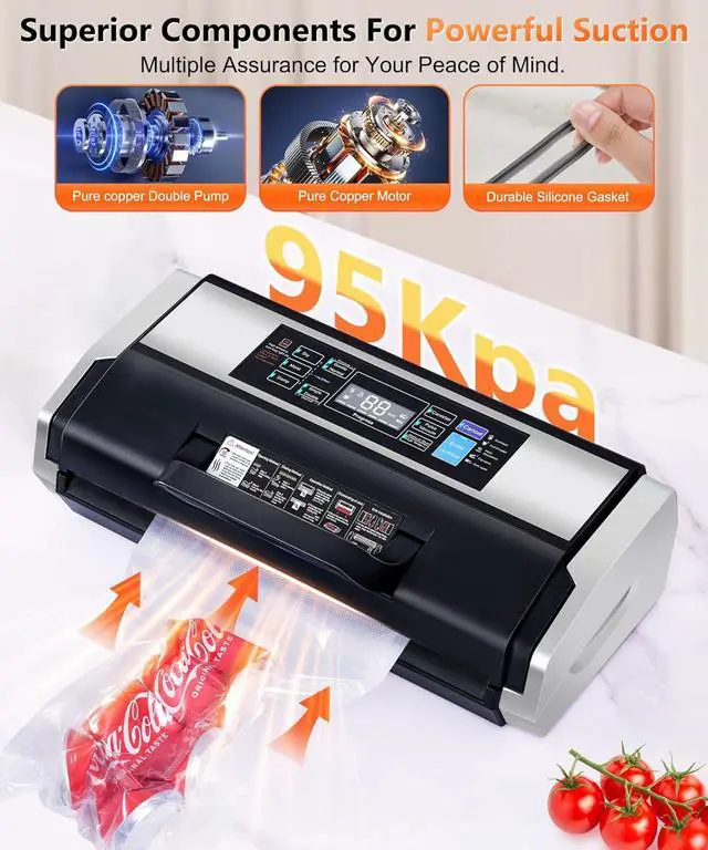 Alt view image 6 of 7 - 95KPa Vacuum Sealer, Commercial Fully Automatic Food Sealer - 10-in-1 System with Auto Pop-Up Cover, Double Heat Seal, Easy-Lock Handle & Built-in Cutter,Includes 1 Roll + 15 Bags, Black Silver