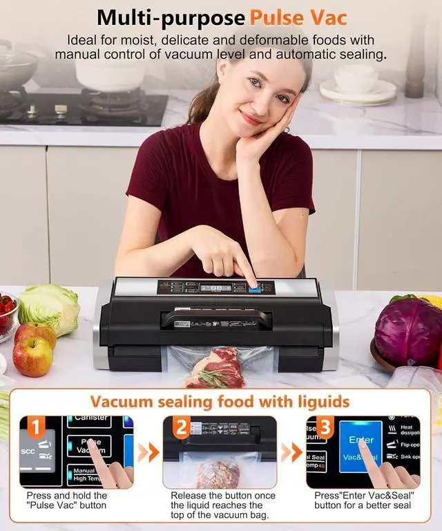 Alt view image 3 of 7 - 95KPa Vacuum Sealer, Commercial Fully Automatic Food Sealer - 10-in-1 System with Auto Pop-Up Cover, Double Heat Seal, Easy-Lock Handle & Built-in Cutter,Includes 1 Roll + 15 Bags, Black Silver