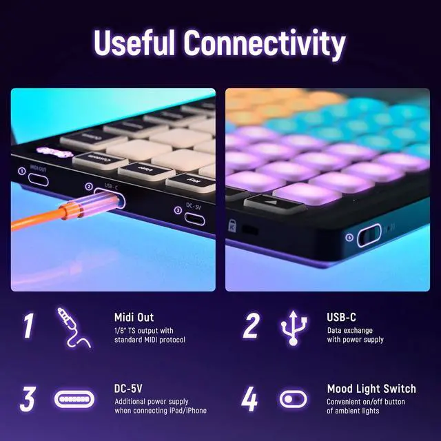 Alt view image 5 of 7 - MIDI Pad Beat Maker Machine with 64 Velocity Sensitive RGB Pads, Portable MIDI Controller 8 * 8 Backlit Beating Machine with Easy Mode for Ableton Live and Logic Pro Performances