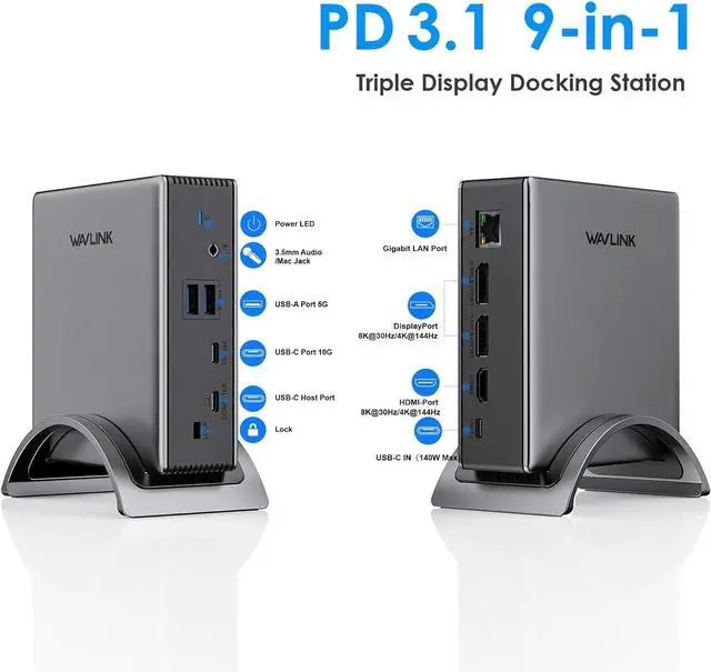 Alt view image 2 of 7 - USB C Docking Station, PD3.1 Docking Station 3 Monitors with 2* DP + HDMI,Single 4K@144Hz,140W Charger, USB-C 10Gbps, 2* USB-A 5Gbps, Gigabit Ethernet, Audio/Mic, for Windows,Dell,HP,