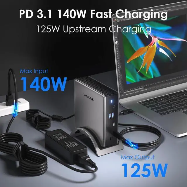 Alt view image 7 of 7 - USB C Docking Station, PD3.1 Docking Station 3 Monitors with 2* DP + HDMI,Single 4K@144Hz,140W Charger, USB-C 10Gbps, 2* USB-A 5Gbps, Gigabit Ethernet, Audio/Mic, for Windows,Dell,HP,