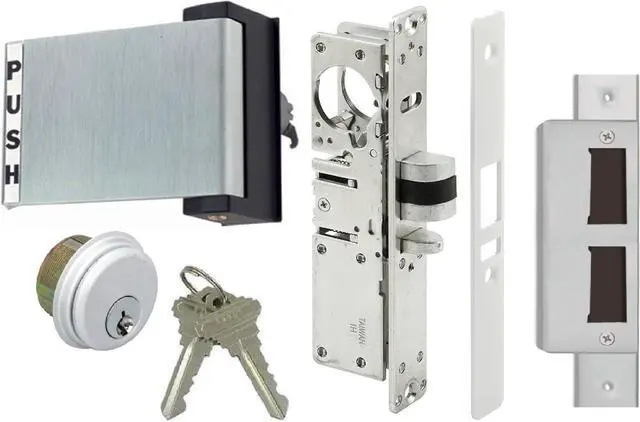 Main image of Adams Rite Style Deadlatch Storefront Door Set - Push Paddle Exit, Deadlatch Bolt, with Mortise Lock Cylinder & Two Keys, Durable, Polished Finish, Aluminum Silver, Right Hand, 31/32" Backset