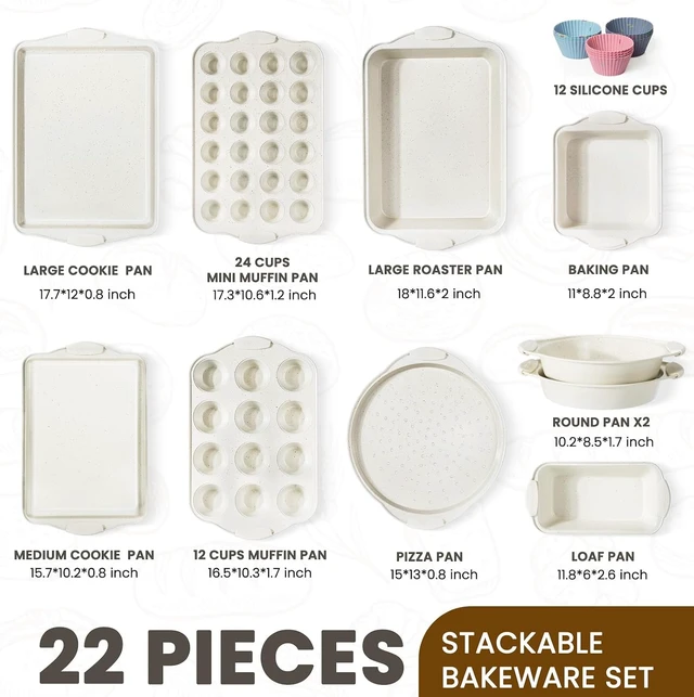 Alt view image 2 of 7 - 22 PCS Nonstick Baking Pans Set, Stackable Bakeware Sets with Silicone Handles, 450°F Oven Safe Baking Sheet Set, Easy Release Cookie Sheets for Baking, Cream