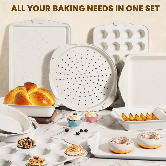 Alt view image 7 of 7 - 22 PCS Nonstick Baking Pans Set, Stackable Bakeware Sets with Silicone Handles, 450°F Oven Safe Baking Sheet Set, Easy Release Cookie Sheets for Baking, Cream