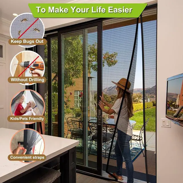 Alt view image 2 of 7 - Side Opening Magnetic Screen Door Heavy-Duty, Black - Thicken Fiberglass Mesh Double Sliding Door Mosquito Screen Magnetic Closure to Keep Bugs Out, Actual Size 60" x 94"