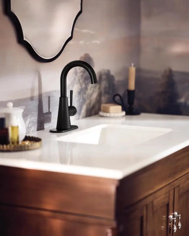 Alt view image 2 of 7 - Ronan Matte Black One-Handle Single Hole Modern Bathroom Sink Faucet with Optional Deckplate and Spring Loaded Drain Assembly, 84021BL