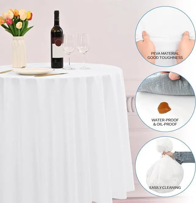 Alt view image 4 of 7 - 24 Pack - Plastic Table Cloth Disposable, 96'' Tablecloth for Round Tables, White Disposable Table Cloths for Parties, Picnics, Camping, Waterproof & Stain-Resistant