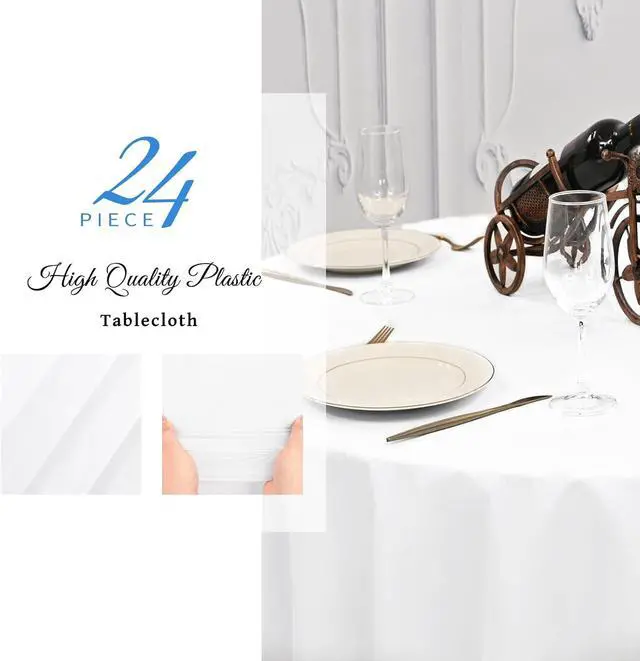 Alt view image 5 of 7 - 24 Pack - Plastic Table Cloth Disposable, 96'' Tablecloth for Round Tables, White Disposable Table Cloths for Parties, Picnics, Camping, Waterproof & Stain-Resistant