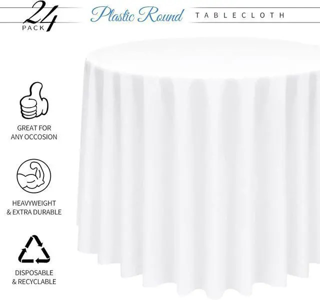 Alt view image 2 of 7 - 24 Pack - Plastic Table Cloth Disposable, 96'' Tablecloth for Round Tables, White Disposable Table Cloths for Parties, Picnics, Camping, Waterproof & Stain-Resistant