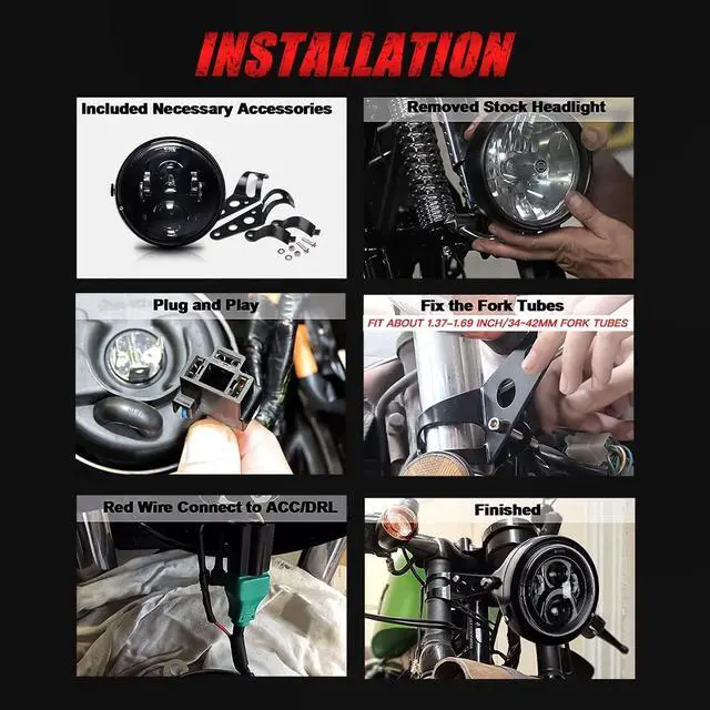 Alt view image 3 of 7 - 7" inch LED Motorcycle Headlight Round With Housing Bucket Hi/Low Beam LED Headlamp Assem with Mounting Bracket fit 1.37" to 1.69" Fork Tube Motorcycle for H-arley Yamaha Honda Suzuki Kawasaki