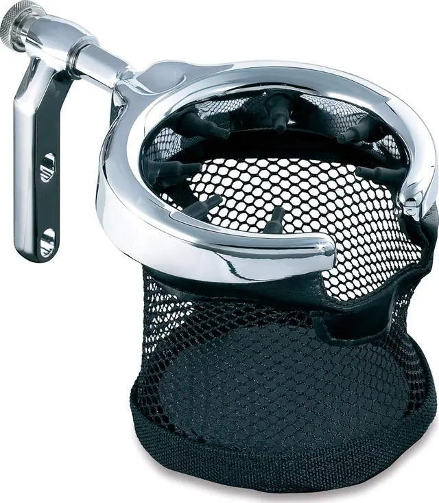 Alt view image 2 of 2 - 1462 Motorcycle Handlebar Accessory: Universal Drink/Cup Holder with Mesh Basket for Clutch/Brake Perch Mount, Chrome
