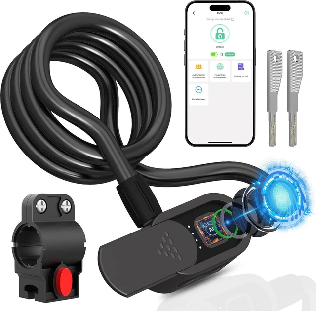 Main image of Fingerprint Bike Lock Cable, Keyless Bike Lock Chain Heavy Duty Anti-Theft Bicycle Lock Waterproof 1.5M Stainless Steel Cable Bike Lock with Mounting Bracket (Black, 4.92Feet Long)