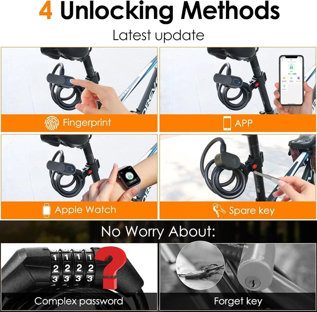 Alt view image 2 of 7 - Fingerprint Bike Lock Cable, Keyless Bike Lock Chain Heavy Duty Anti-Theft Bicycle Lock Waterproof 1.5M Stainless Steel Cable Bike Lock with Mounting Bracket (Black, 4.92Feet Long)