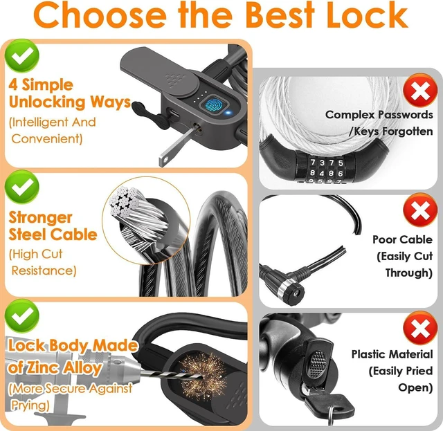 Alt view image 5 of 7 - Fingerprint Bike Lock Cable, Keyless Bike Lock Chain Heavy Duty Anti-Theft Bicycle Lock Waterproof 1.5M Stainless Steel Cable Bike Lock with Mounting Bracket (Black, 4.92Feet Long)