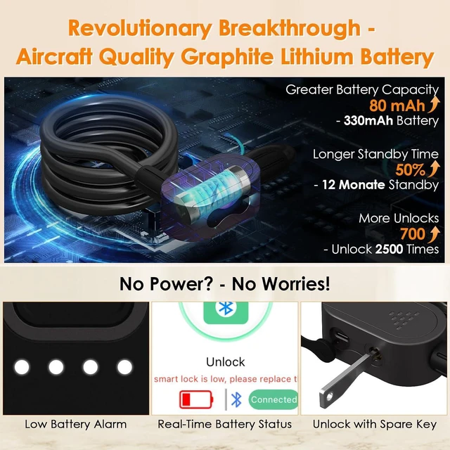 Alt view image 6 of 7 - Fingerprint Bike Lock Cable, Keyless Bike Lock Chain Heavy Duty Anti-Theft Bicycle Lock Waterproof 1.5M Stainless Steel Cable Bike Lock with Mounting Bracket (Black, 4.92Feet Long)