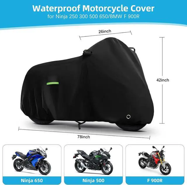Alt view image 2 of 7 - Motorcycle Cover Waterproof for Kawasaki Ninja 250 300 400 500 650/BMW F 900R, Heavy Duty Outdoor Sun UV Rain Dust All Weather Protection Motorbike Cover with Soft Cotton Lining & Lock Hole-Black